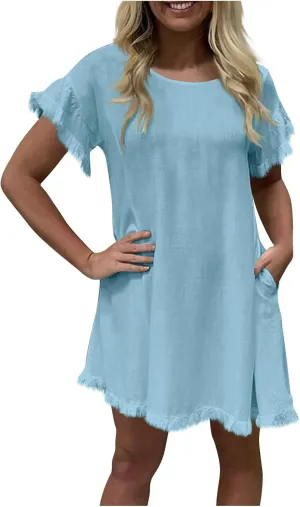 Linen Dresses for Women Summer Cotton Casual Short Sleeve Solid Color Dress Loose Round Neck Vacation Beach Sundress