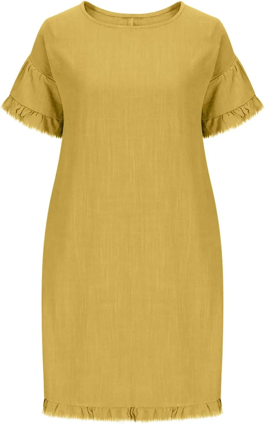 Linen Dresses for Women Summer Cotton Casual Short Sleeve Solid Color Dress Loose Round Neck Vacation Beach Sundress