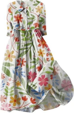 Linen Dresses Women 2025 Plus Size Floral Maxi Dress Short Sleeve Button Down t-Shirt Dress Swing Beach Sundresses