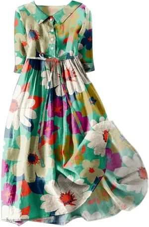 Linen Dresses Women 2025 Plus Size Floral Maxi Dress Short Sleeve Button Down t-Shirt Dress Swing Beach Sundresses