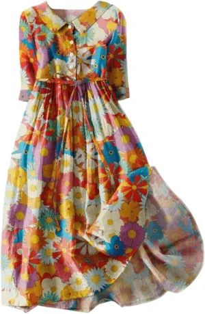 Linen Dresses Women 2025 Plus Size Floral Maxi Dress Short Sleeve Button Down t-Shirt Dress Swing Beach Sundresses