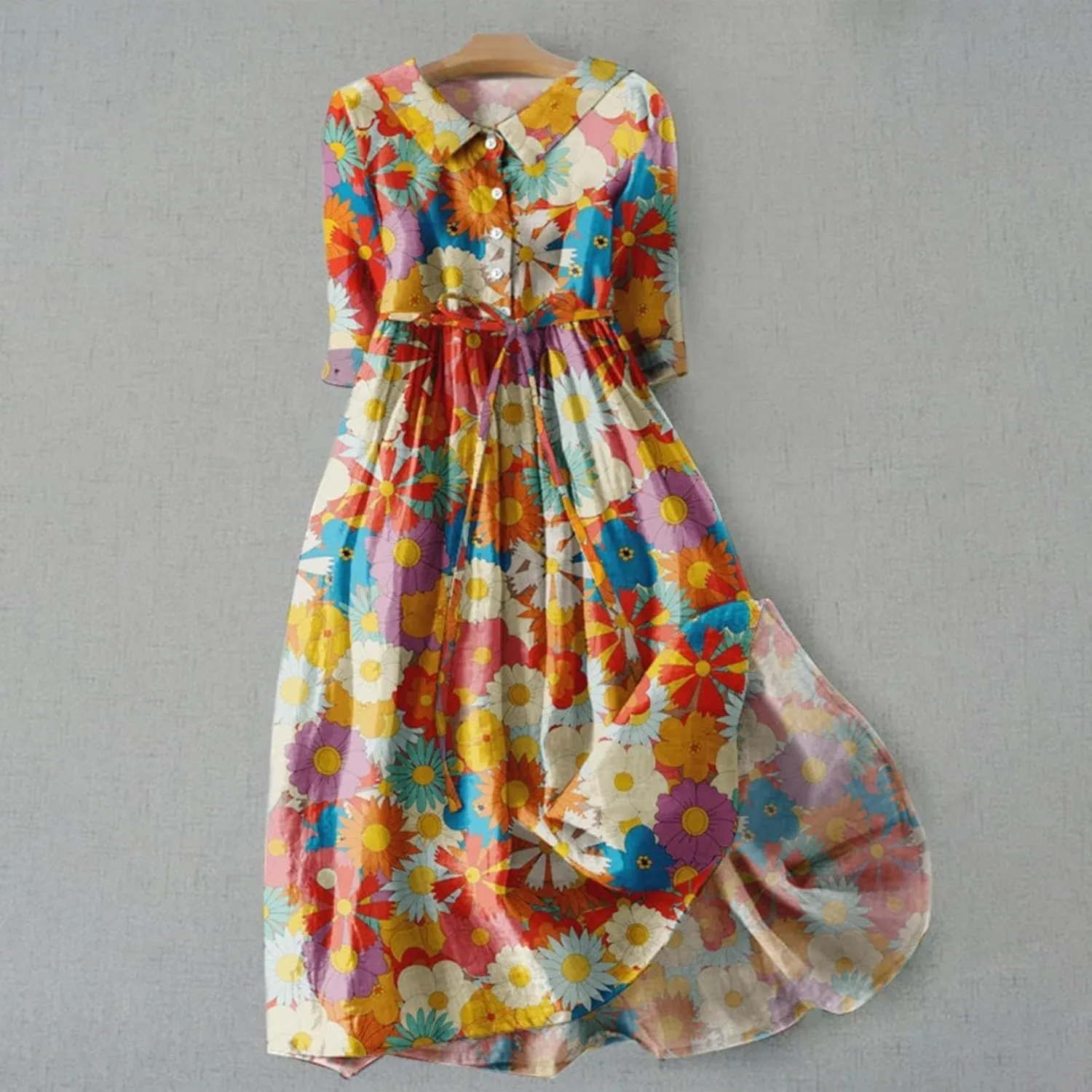 Linen Dresses Women 2025 Plus Size Floral Maxi Dress Short Sleeve Button Down t-Shirt Dress Swing Beach Sundresses
