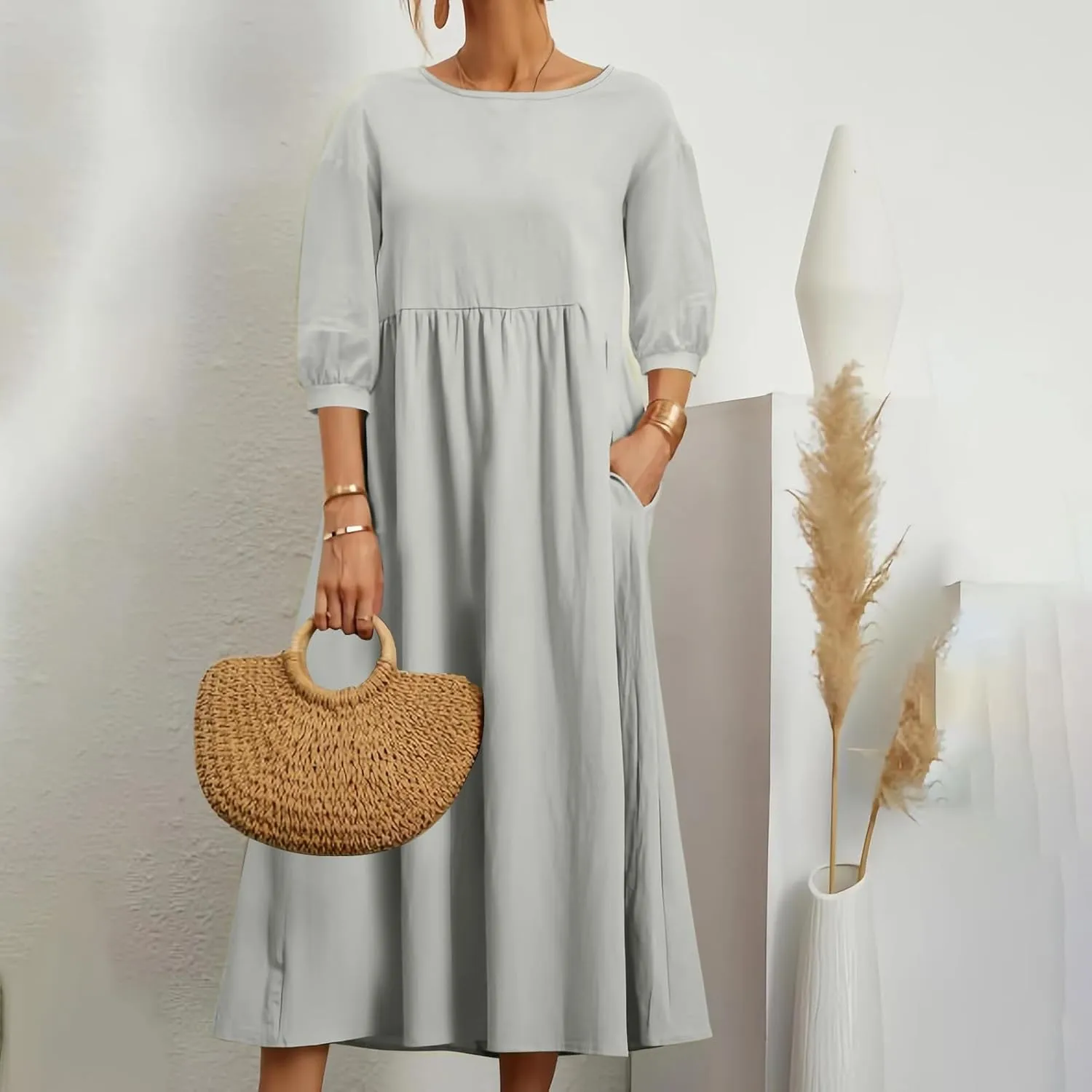 Linen Maxi Dresses for Women 2025 Casual Short Sleeve Solid Color Sundress Fashion Loose Pleated Dress with Pocket