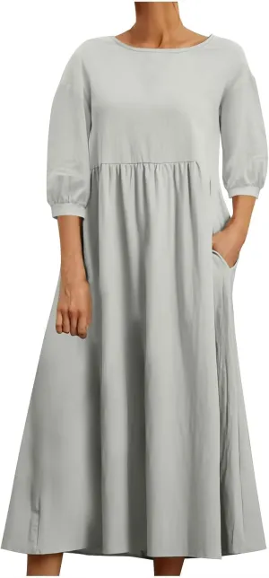 Linen Maxi Dresses for Women 2025 Casual Short Sleeve Solid Color Sundress Fashion Loose Pleated Dress with Pocket