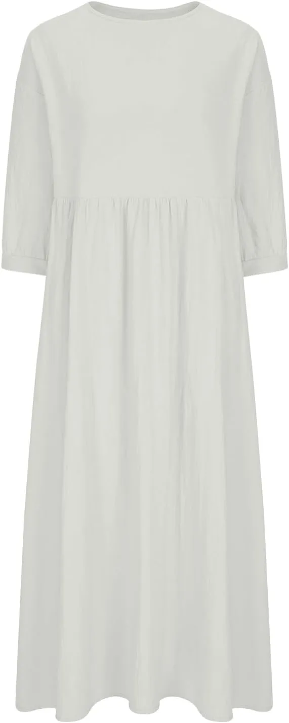 Linen Maxi Dresses for Women 2025 Casual Short Sleeve Solid Color Sundress Fashion Loose Pleated Dress with Pocket
