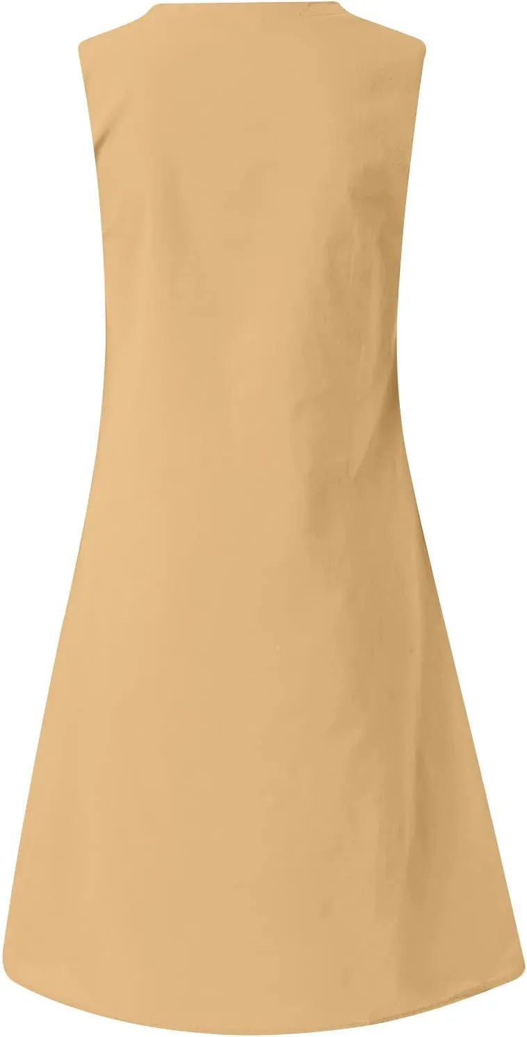 Linen Sun Dresses for Women 2025 Vacation Sleeveless V Neck Solid Color Dress Summer Fashion Casual Soft Tank Tops
