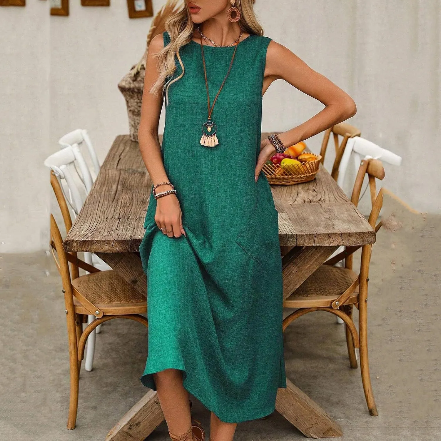 Long Dresses for Women 2025 Casual Loose Soft Sleeveless Tank Linen Dress Summer Flowy Boho Beach Maxi Sundresses
