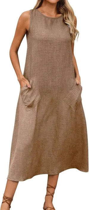 Long Dresses for Women 2025 Casual Loose Soft Sleeveless Tank Linen Dress Summer Flowy Boho Beach Maxi Sundresses
