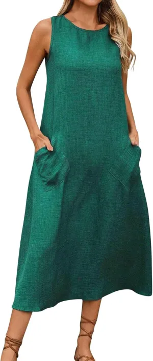 Long Dresses for Women 2025 Casual Loose Soft Sleeveless Tank Linen Dress Summer Flowy Boho Beach Maxi Sundresses
