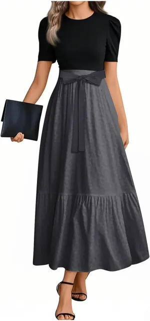 Long Dresses for Women Spring Solid Color Crewneck Light Tie Waist Short Sleeve Casual Vacation High Waist Long Dresses