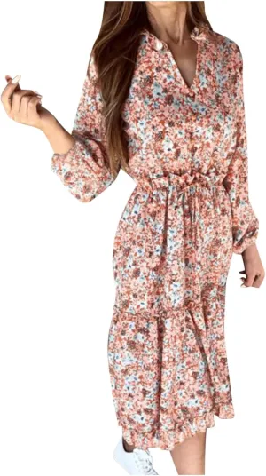 Long Sleeve Dress for Women Fall Puff Long Sleeve V Neck Elastic Waist Tiered Flowy Boho Wedding Party Maxi Dress