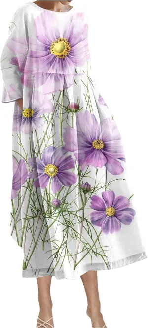 Long Sleeve Dress for Women Midi Casual Loose Fit Floral Boho Long Dress Fall Fashion 2024 Beach Vocation Dresses