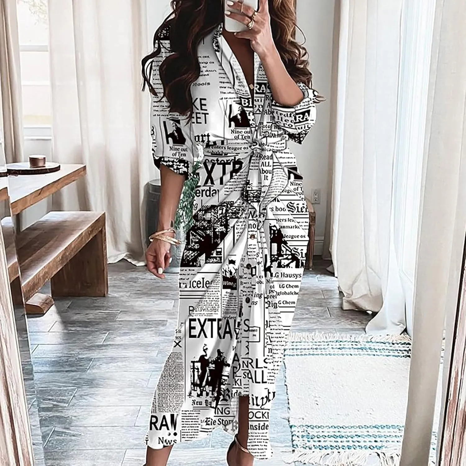 Long Sleeve Dress for Women Plus Size Casual V Neck Belted Pleated Fall Dresses Boho Flowy Swing Tiered Long Dresses