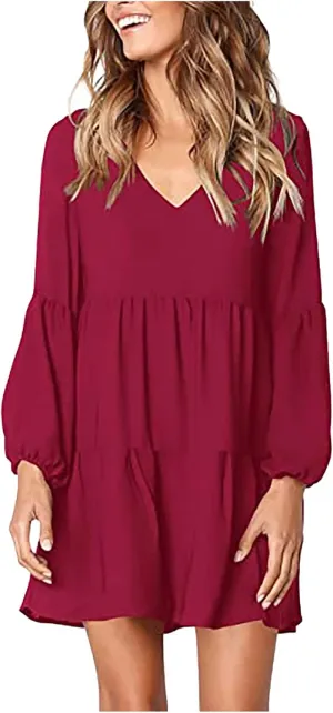 Long Sleeve Dress for Women,2025 Summer Casual Mini Dresses Loose Flowy Tiered Dress,V Neck Boho Ruffle Beach Dres