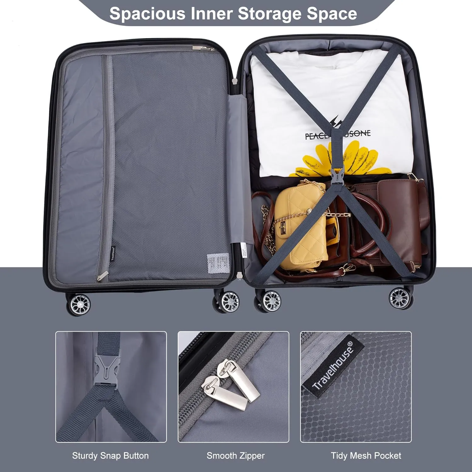 Luggage 3 Piece Sets with TSA Lock,Spinner Wheels,Carry On Hardside Travel Luggage(20"/24"/28"). (Gray)