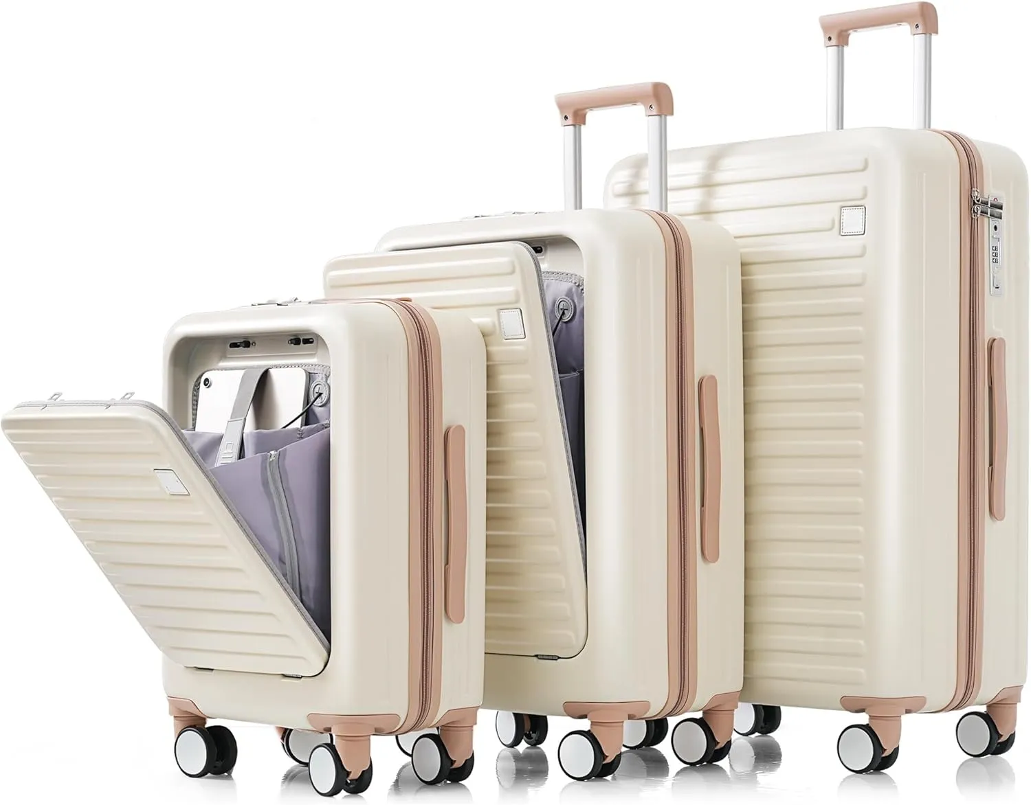 Luggage Set of 3, 20, 24, 28inch with USB Port, 20, 24inch with front opening design Airline Certified Carry on Luggage with Cup Holder, ABS Hard Shell Luggage with Spinner Wheels (White)