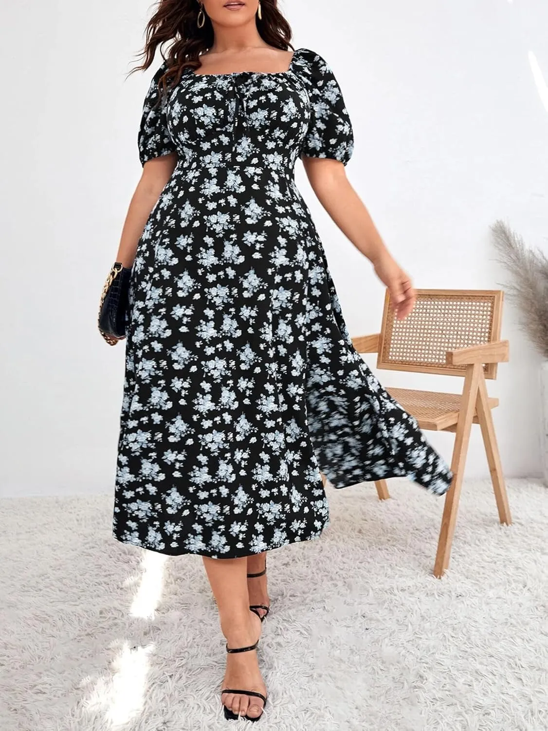 Madison Women's Floral Print Slit Midi Dresses with Side Splits
