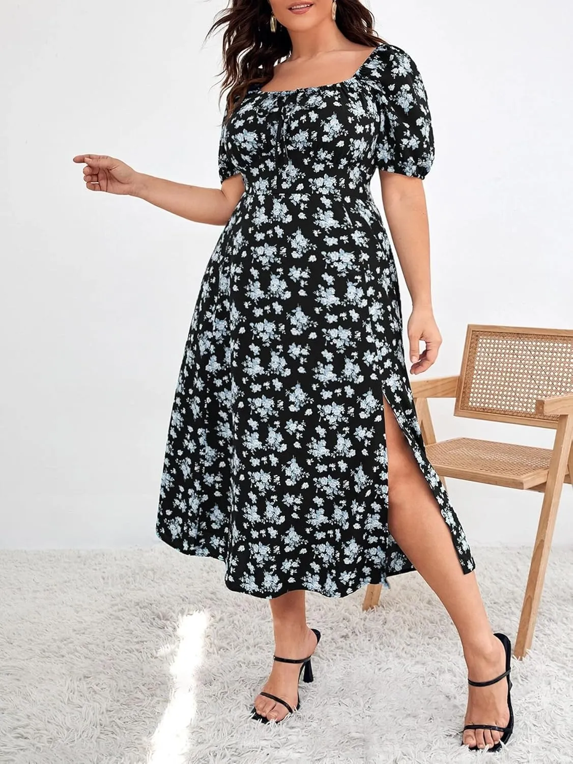 Madison Women's Floral Print Slit Midi Dresses with Side Splits