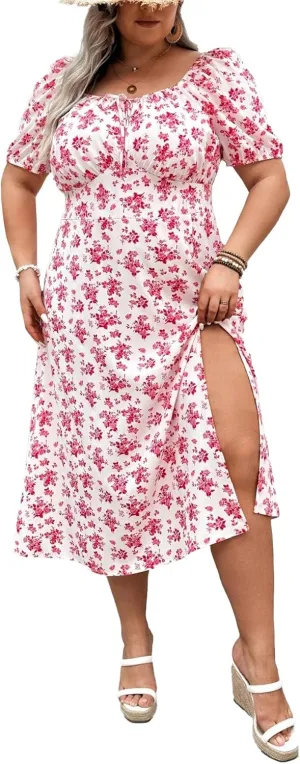 Madison Women's Floral Print Slit Midi Dresses with Side Splits