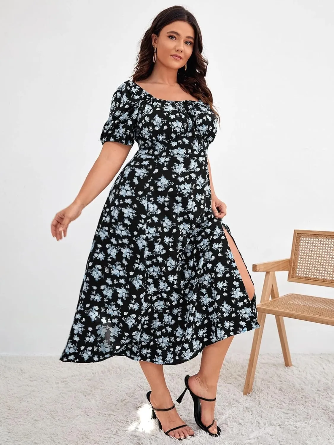 Madison Women's Floral Print Slit Midi Dresses with Side Splits