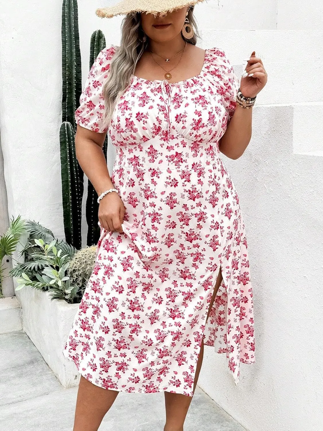 Madison Women's Floral Print Slit Midi Dresses with Side Splits