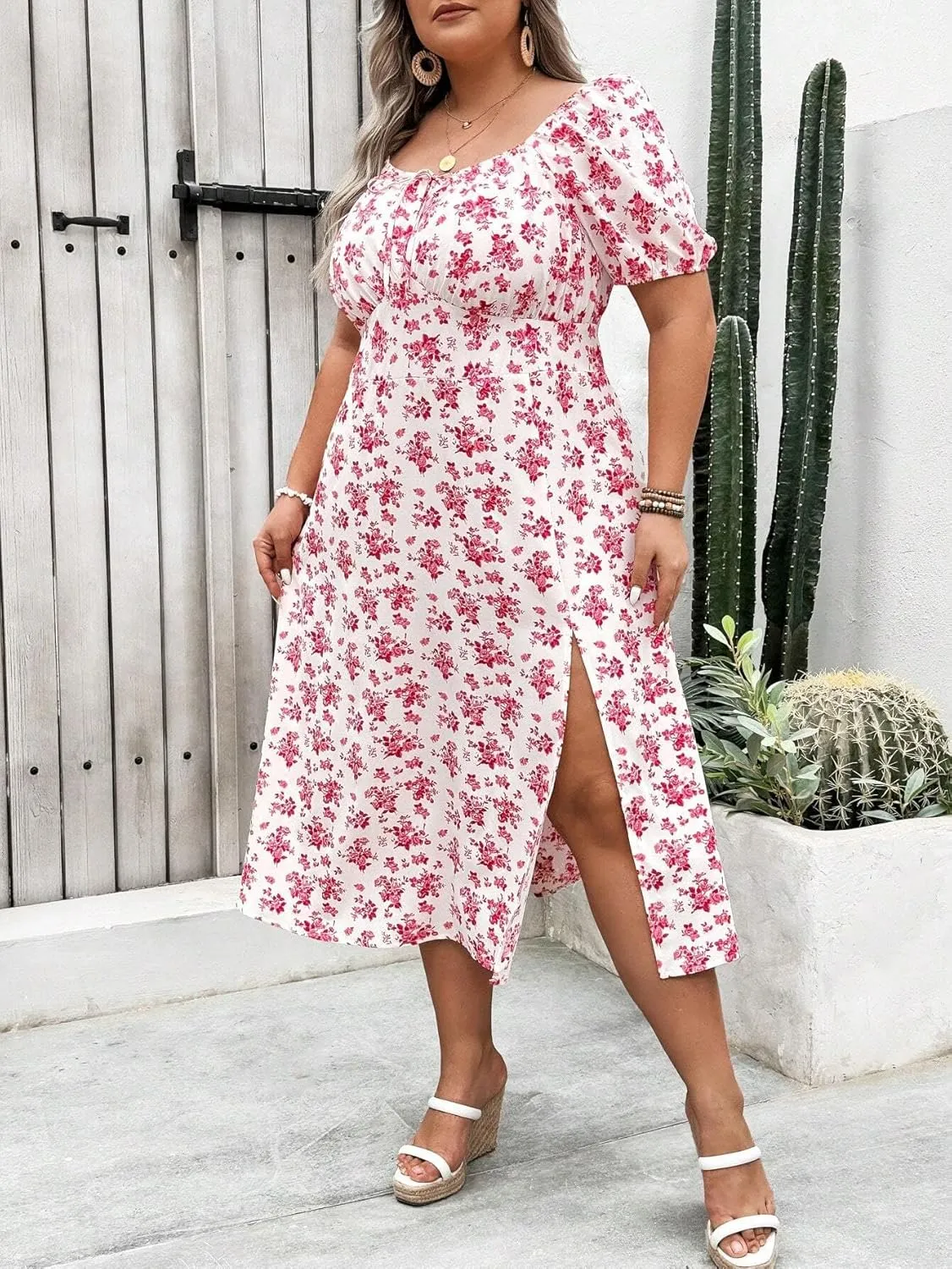 Madison Women's Floral Print Slit Midi Dresses with Side Splits