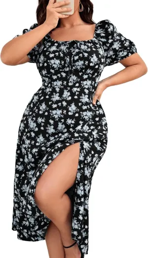 Madison Women's Floral Print Slit Midi Dresses with Side Splits