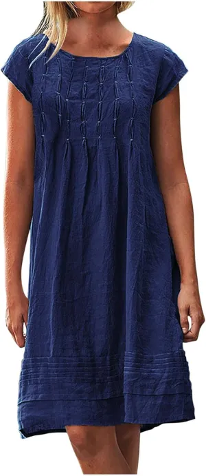maisdgop Linen Dresses for Women 2025 Plus Size Cap Sleeve Pleated Summer Midi Dress Vacation Casual Knee Length Sundresses