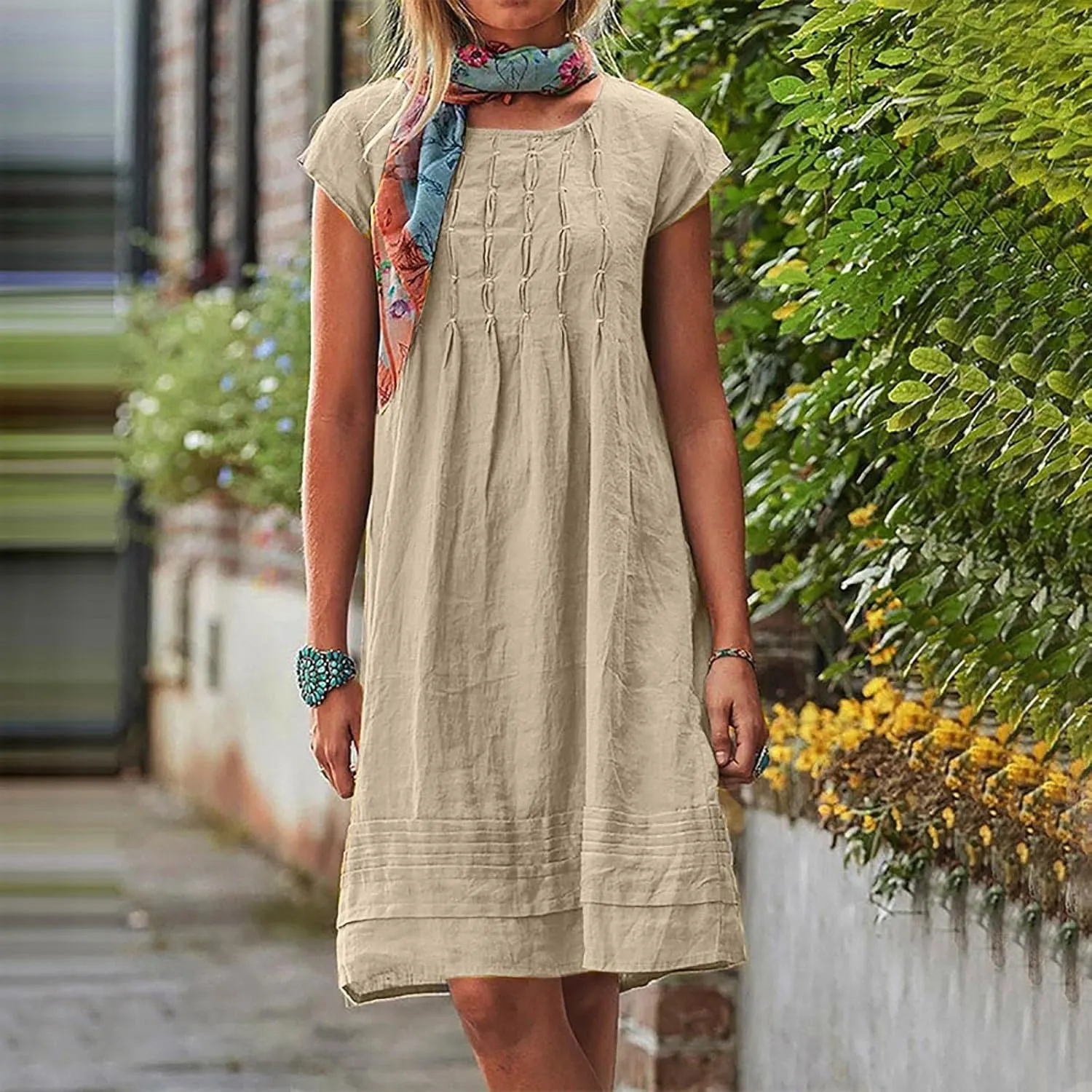 maisdgop Linen Dresses for Women 2025 Plus Size Cap Sleeve Pleated Summer Midi Dress Vacation Casual Knee Length Sundresses