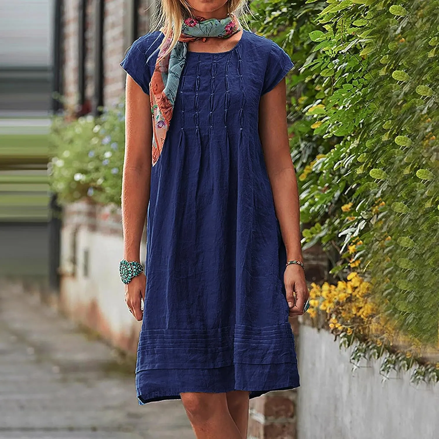 maisdgop Linen Dresses for Women 2025 Plus Size Cap Sleeve Pleated Summer Midi Dress Vacation Casual Knee Length Sundresses