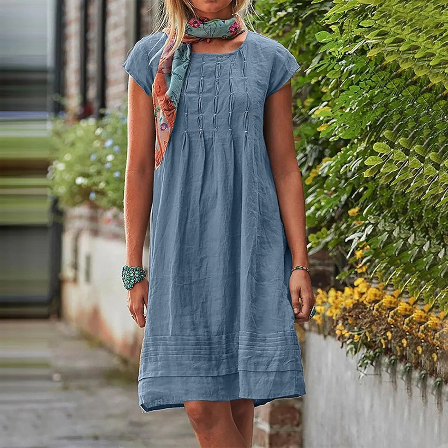 maisdgop Linen Dresses for Women 2025 Plus Size Cap Sleeve Pleated Summer Midi Dress Vacation Casual Knee Length Sundresses