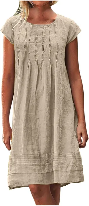 maisdgop Linen Dresses for Women 2025 Plus Size Cap Sleeve Pleated Summer Midi Dress Vacation Casual Knee Length Sundresses
