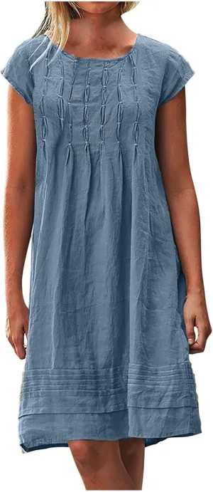 maisdgop Linen Dresses for Women 2025 Plus Size Cap Sleeve Pleated Summer Midi Dress Vacation Casual Knee Length Sundresses