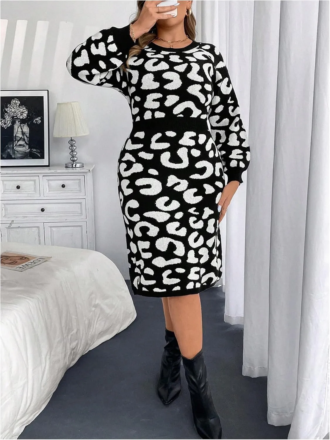 MakeMeChic Women's Plus Size Leopard Print Sweater Dress Long Sleeve Bodycon Midi Dresses