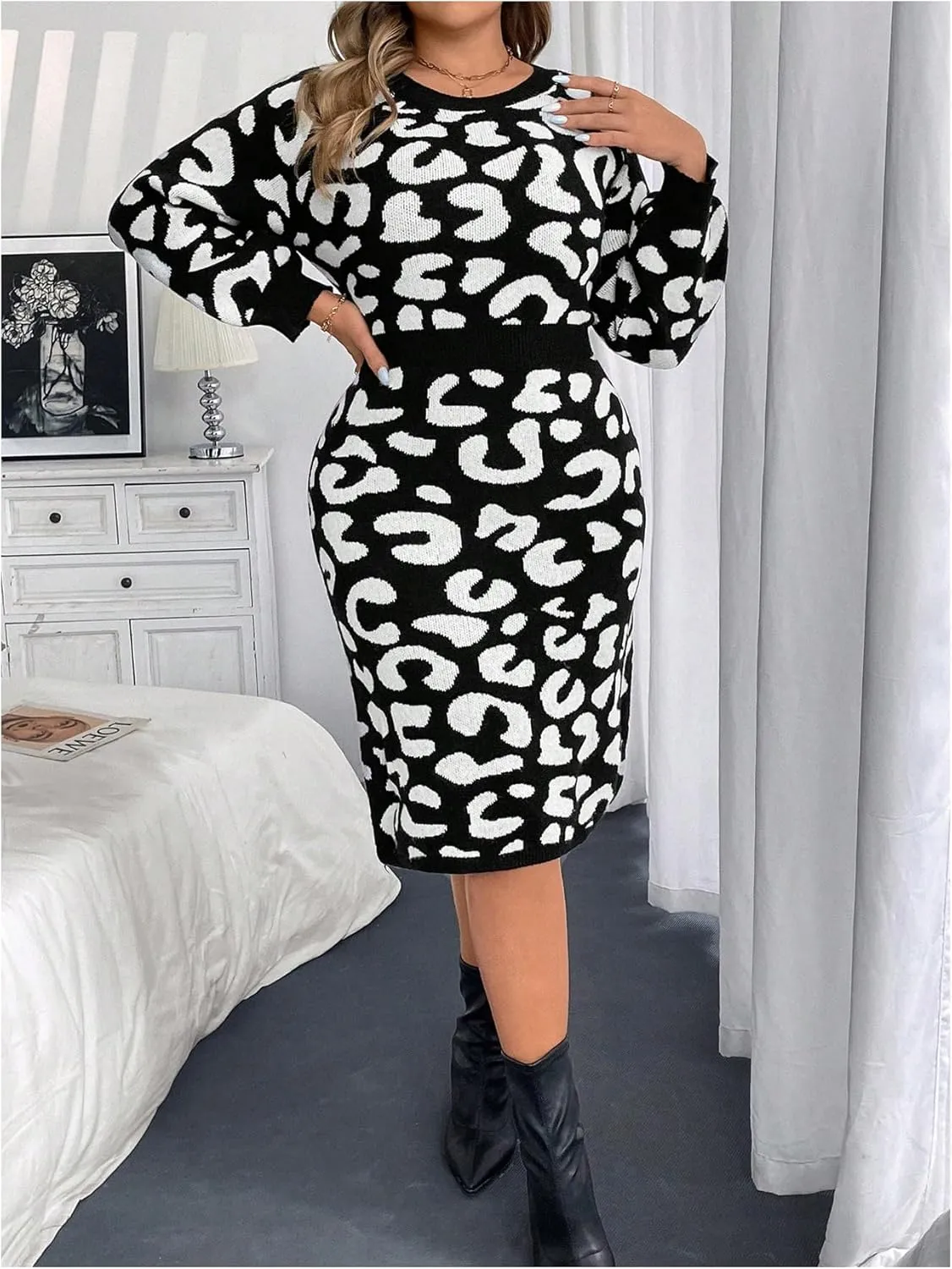 MakeMeChic Women's Plus Size Leopard Print Sweater Dress Long Sleeve Bodycon Midi Dresses