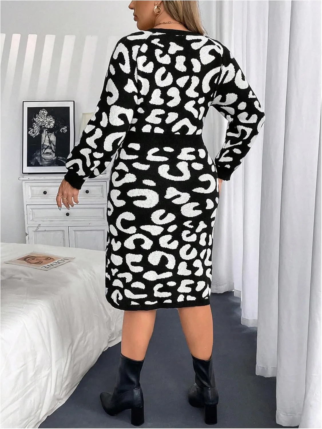 MakeMeChic Women's Plus Size Leopard Print Sweater Dress Long Sleeve Bodycon Midi Dresses