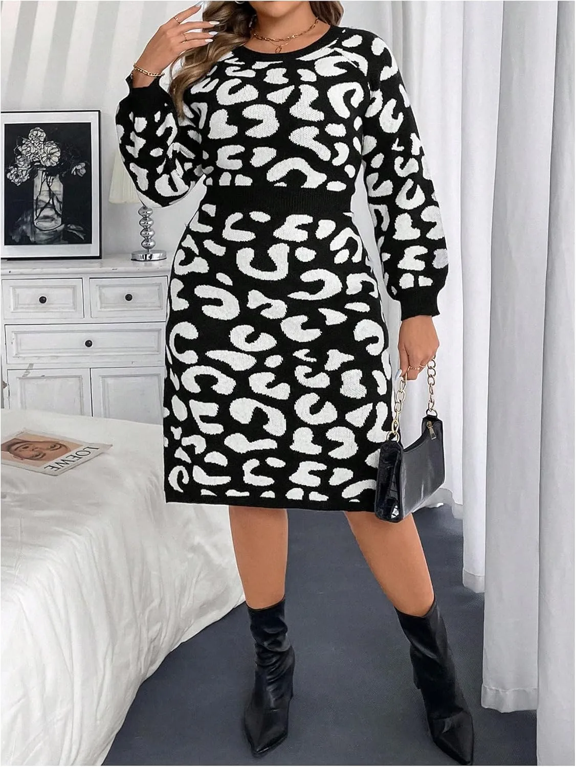 MakeMeChic Women's Plus Size Leopard Print Sweater Dress Long Sleeve Bodycon Midi Dresses