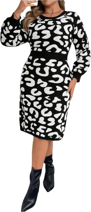 MakeMeChic Women's Plus Size Leopard Print Sweater Dress Long Sleeve Bodycon Midi Dresses