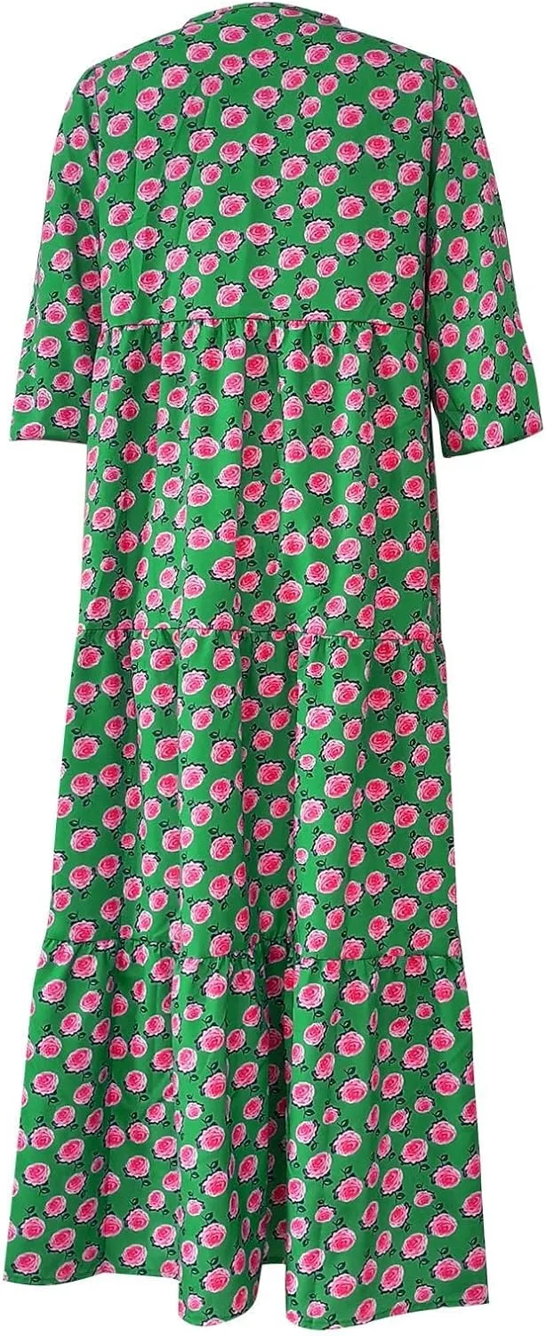 Maxi Boho Dresses for Women 2025 Casual Loose Fitting Puff Sleeve Long Flowy Dress Comfy V Neck Tiered Bohemian Dress
