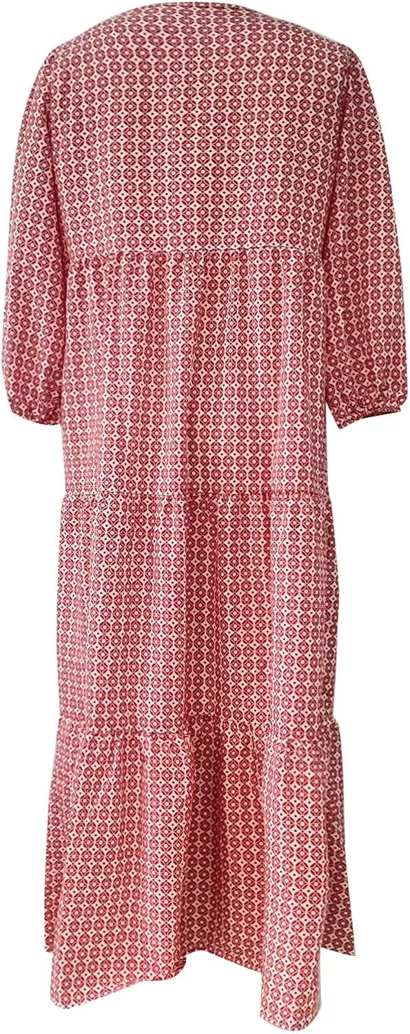 Maxi Boho Dresses for Women 2025 Casual Loose Fitting Puff Sleeve Long Flowy Dress Comfy V Neck Tiered Bohemian Dress