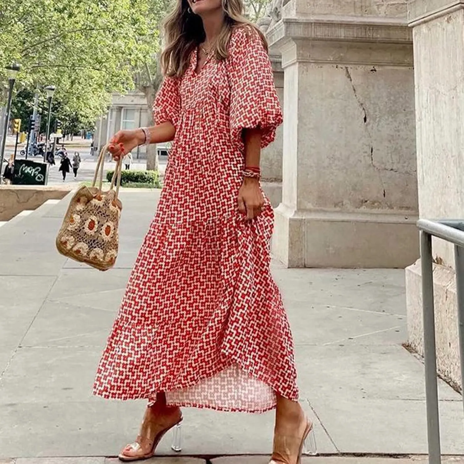 Maxi Boho Dresses for Women 2025 Casual Loose Fitting Puff Sleeve Long Flowy Dress Comfy V Neck Tiered Bohemian Dress