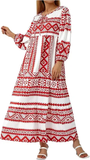 Maxi Boho Dresses for Women 2025 Casual Loose Fitting Puff Sleeve Long Flowy Dress Comfy V Neck Tiered Bohemian Dress