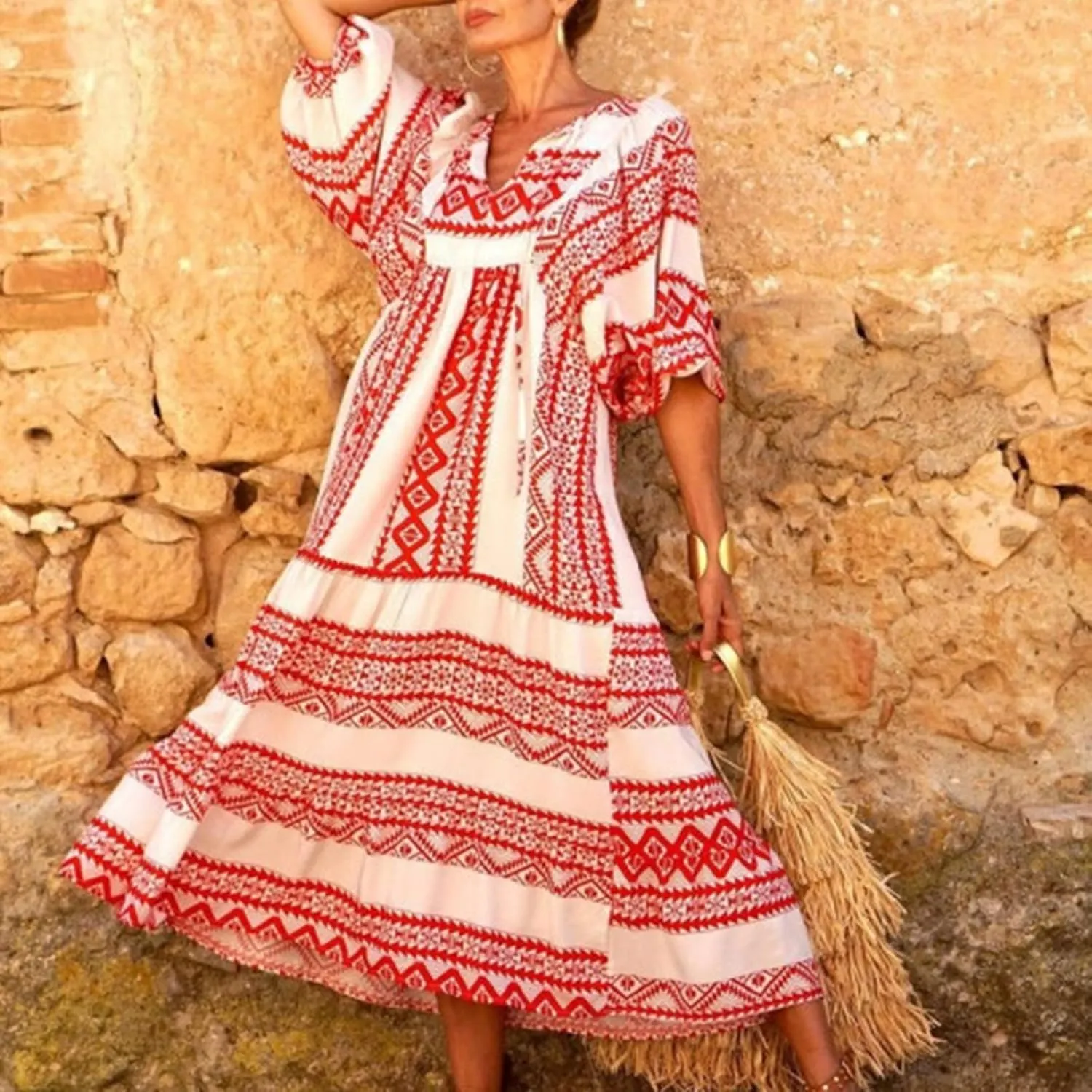 Maxi Boho Dresses for Women 2025 Casual Loose Fitting Puff Sleeve Long Flowy Dress Comfy V Neck Tiered Bohemian Dress