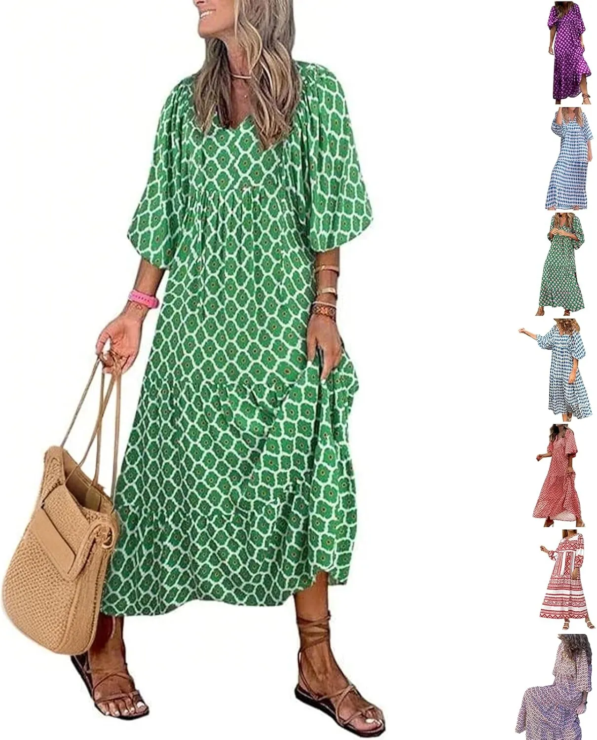 Maxi Boho Dresses for Women 2025 Casual Loose Fitting Puff Sleeve Long Flowy Dress Comfy V Neck Tiered Bohemian Dress