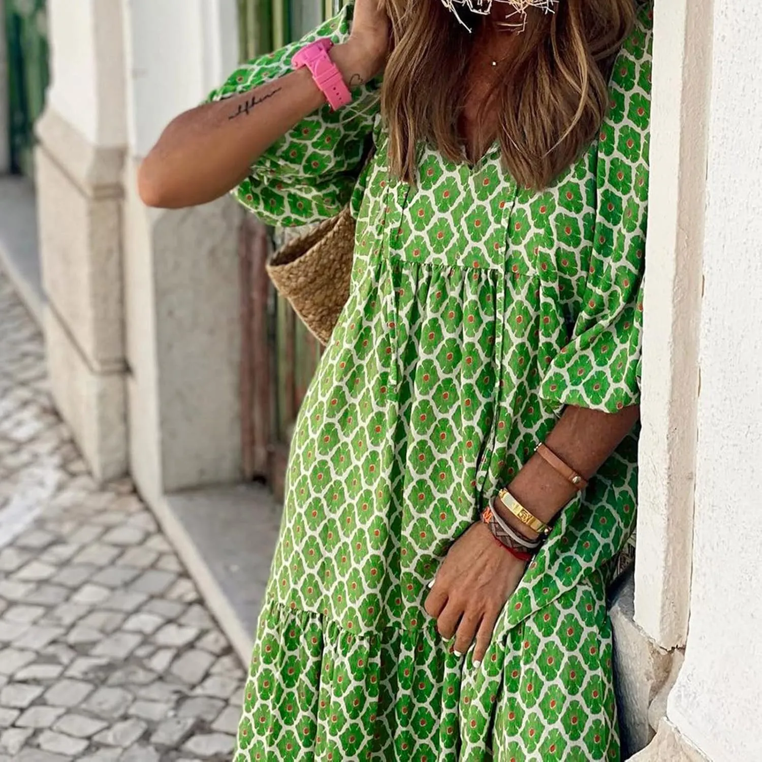 Maxi Boho Dresses for Women 2025 Casual Loose Fitting Puff Sleeve Long Flowy Dress Comfy V Neck Tiered Bohemian Dress