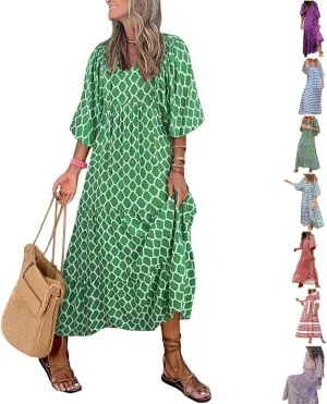 Maxi Boho Dresses for Women 2025 Casual Loose Fitting Puff Sleeve Long Flowy Dress Comfy V Neck Tiered Bohemian Dress