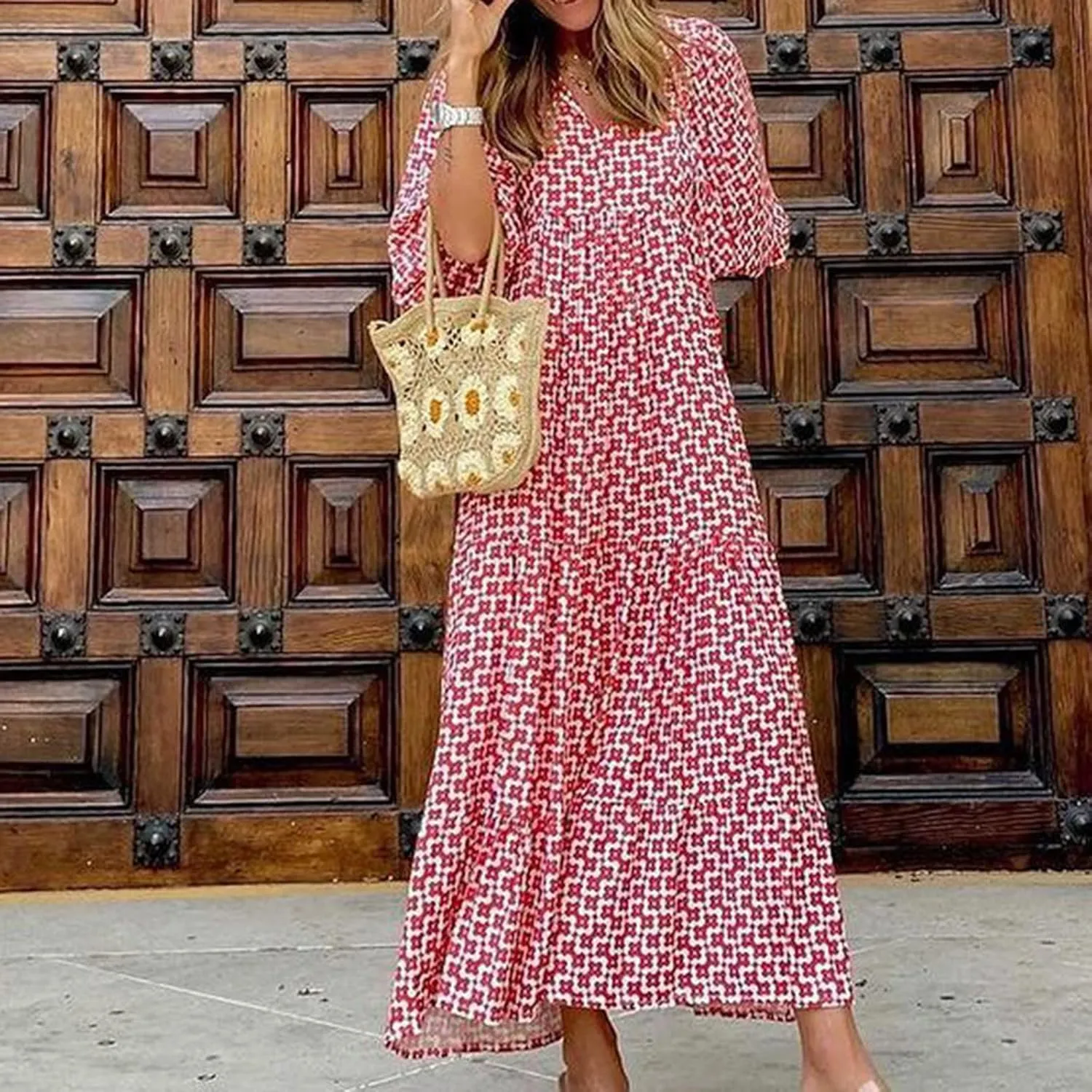 Maxi Boho Dresses for Women 2025 Casual Loose Fitting Puff Sleeve Long Flowy Dress Comfy V Neck Tiered Bohemian Dress