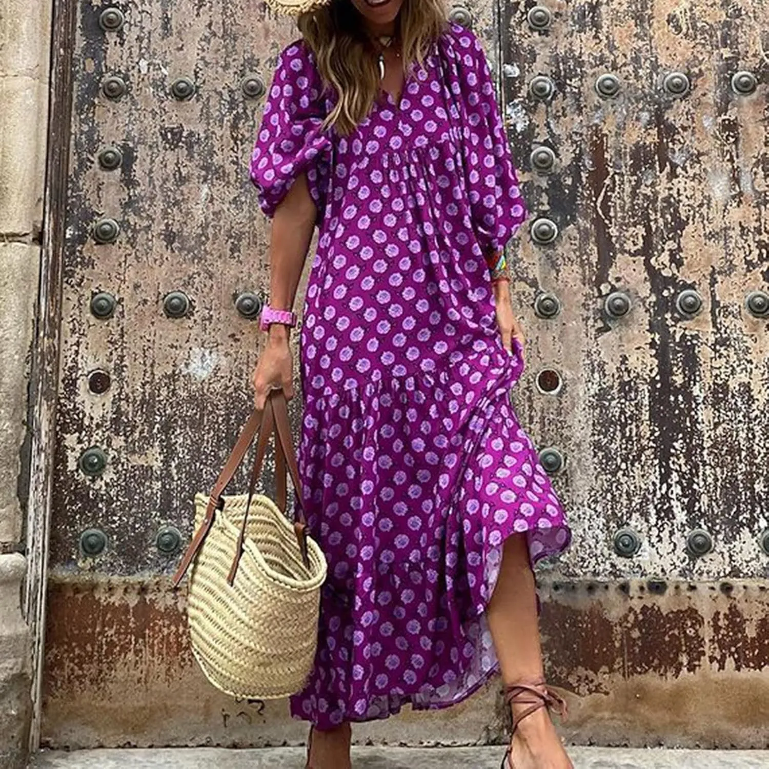 Maxi Boho Dresses for Women 2025 Casual Loose Fitting Puff Sleeve Long Flowy Dress Comfy V Neck Tiered Bohemian Dress