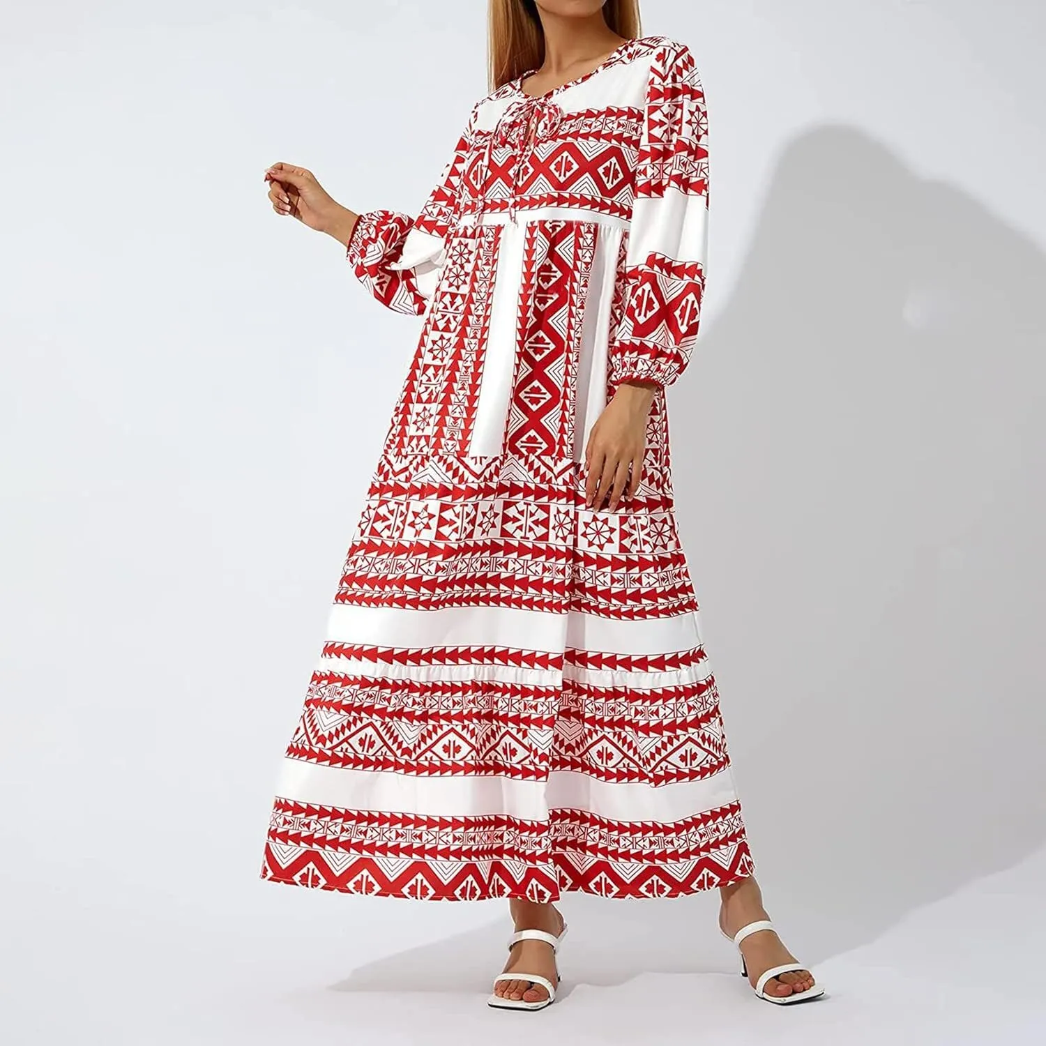 Maxi Boho Dresses for Women 2025 Casual Loose Fitting Puff Sleeve Long Flowy Dress Comfy V Neck Tiered Bohemian Dress