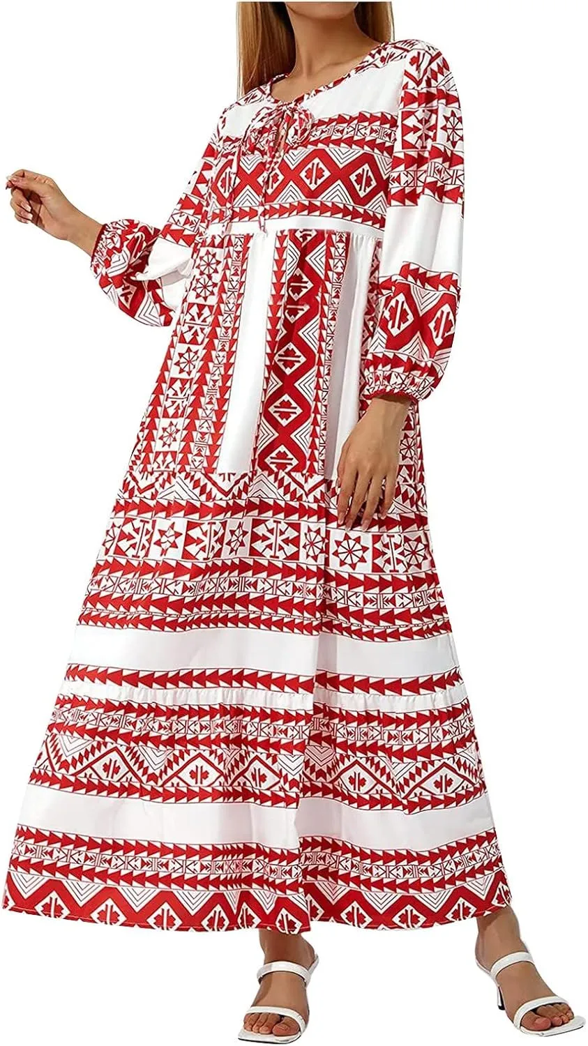 Maxi Boho Dresses for Women 2025 Casual Loose Fitting Puff Sleeve Long Flowy Dress Comfy V Neck Tiered Bohemian Dress